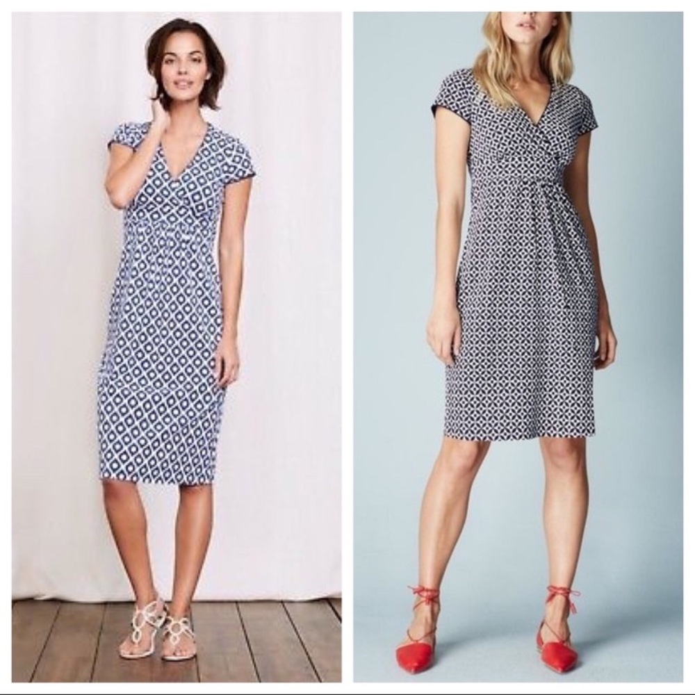 Boden  Geometric Printed Navy Mosaic Jersey Dress Blue White 14 L style WH980